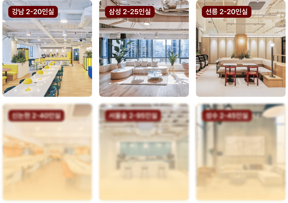 강남 2-20인실, 삼성 2-25인실, 선릉 2-20인실, 신논현 2-40인실, 서울숲 2-95인실, 성수 2-45인실